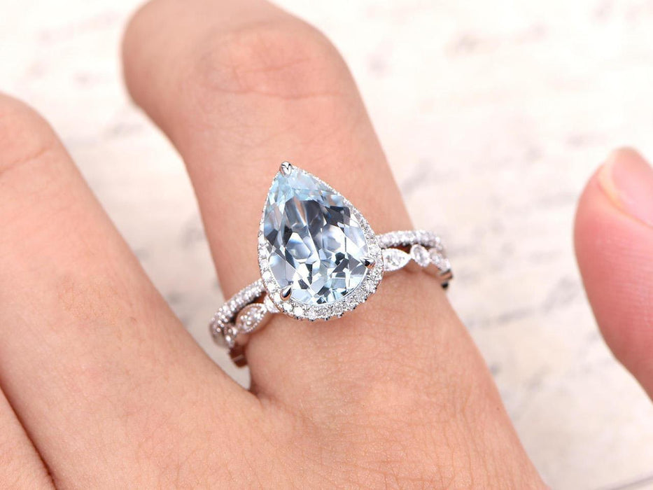 2.50 Carat Huge Pear Cut Aquamarine and Diamond Halo Engagement Ring Set in White Gold