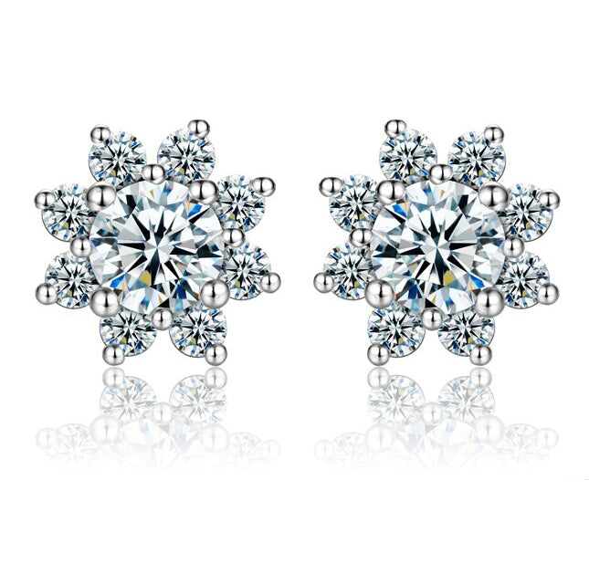 Floral 2.25 Carat Round Cut Moissanite and Diamond Stud Earrings in White Gold