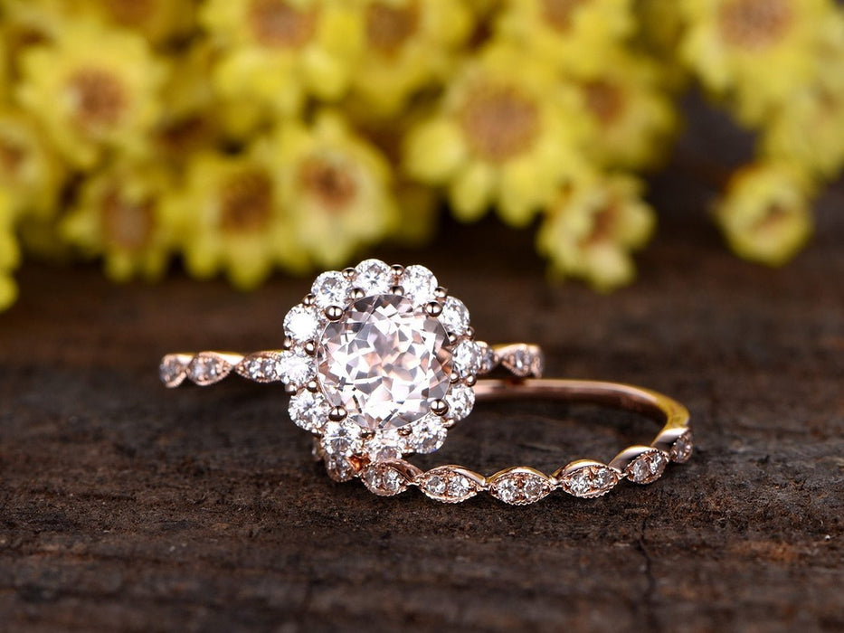 Art Deco Antique 1.50 Carat Morganite and Diamond Wedding Ring Set in Rose Gold