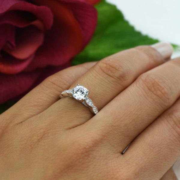1.25 Carat Round Cut Wide Art Deco Solitaire Engagement Ring in White Gold over Sterling Silver