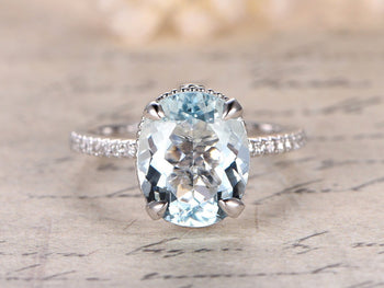 2 Carat Huge Oval Cut Aquamarine and Diamond antique Engagement Ring in White Gold