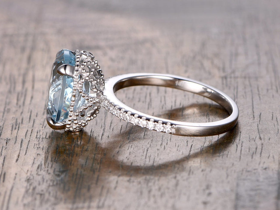 2 Carat Huge Oval Cut Aquamarine and Diamond antique Engagement Ring in White Gold