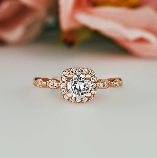 1 Carat Round Cut Halo Art Deco Engagement Ring in Rose Gold over Sterling Silver