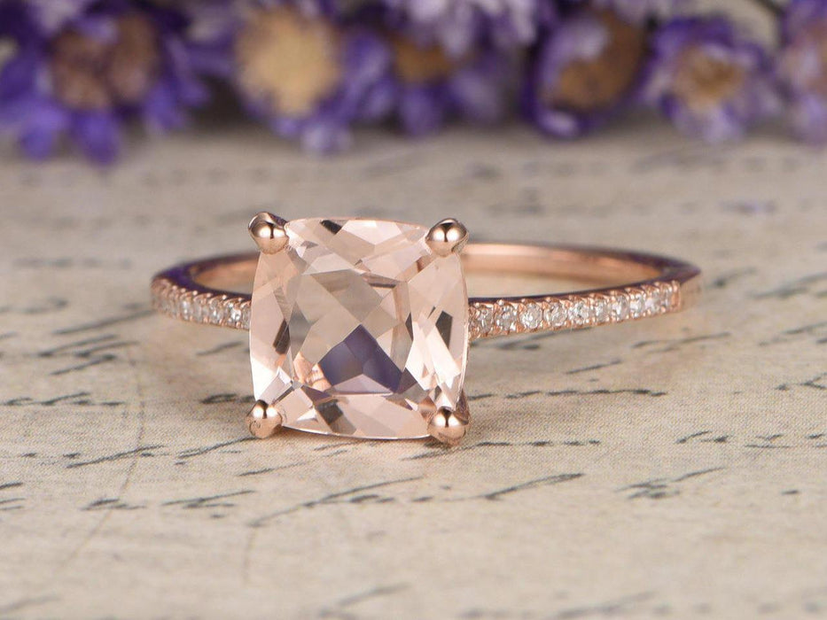 1.25 Carat Cushion Cut Morganite and Diamond Engagement Ring in Rose Gold