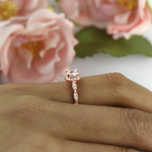 1 Carat Round Cut Halo Art Deco Engagement Ring in Rose Gold over Sterling Silver