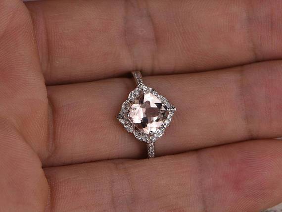 1.50 Carat Cushion Cut Morganite and Diamond Engagement Ring in 9k White Gold