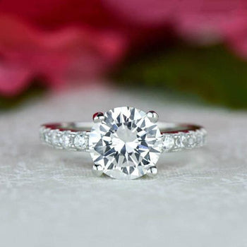 Final Sale: 2.25 Carat Round Cut Wide Accented Engagement Ring in White Gold over Sterling Silver