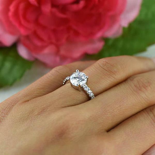 Final Sale: 2.25 Carat Round Cut Wide Accented Engagement Ring in White Gold over Sterling Silver