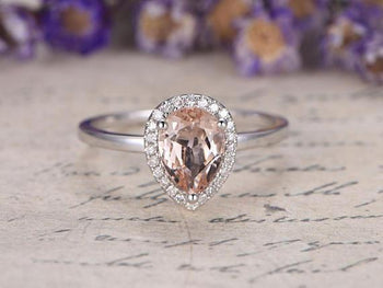 1.25 Carat Solitaire Pear Cut Morganite and Diamond Engagement Ring in White Gold