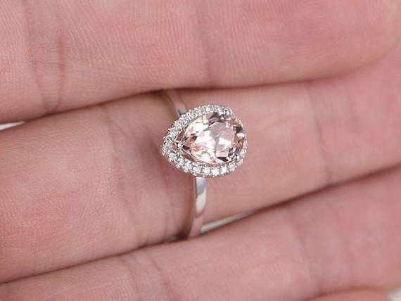 1.25 Carat Solitaire Pear Cut Morganite and Diamond Engagement Ring in White Gold