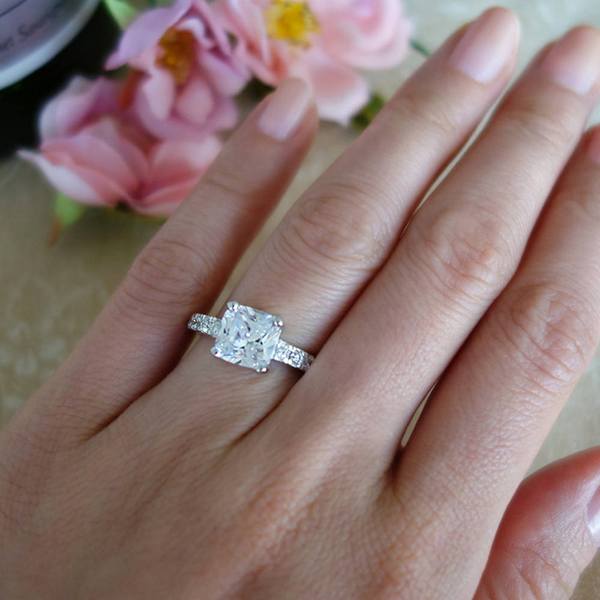 Final Sale: 2.25 Carat Cushion Cut Accented Engagement Ring in White Gold over Sterling Silver