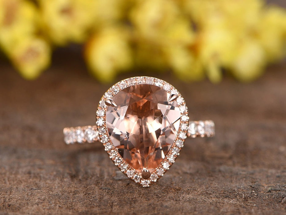 Huge 3 Carat Pear Cut Morganite and Diamond Engagement Ring in Rose Gold