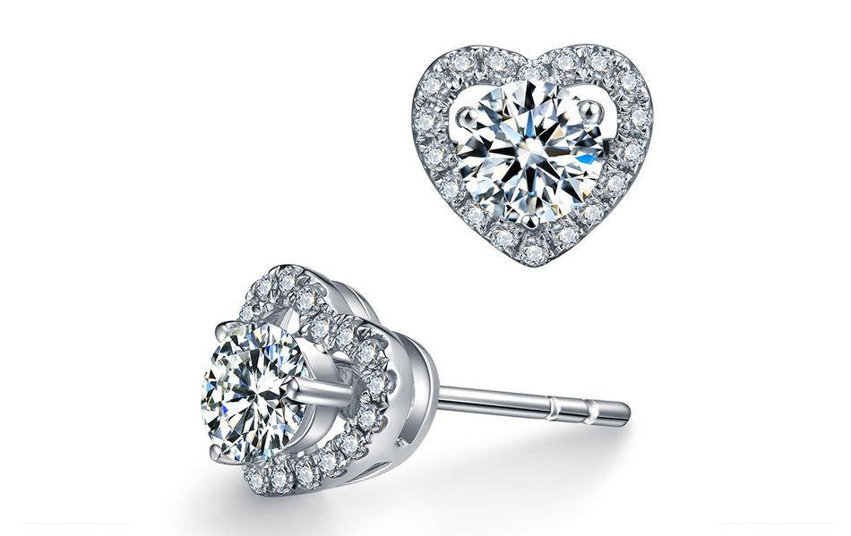 Heart Shape 2.25 Carat Round Cut Moissanite and Diamond Stud Earrings in White Gold