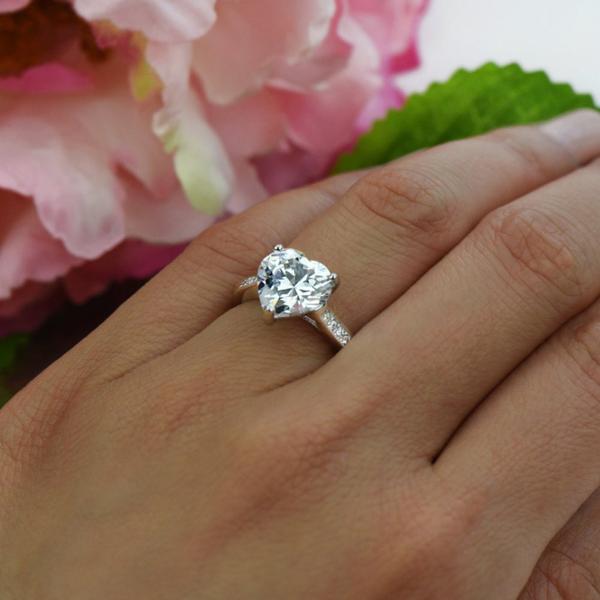 4 Carat Heart Cut Accented Engagement Ring in White Gold over Sterling Silver