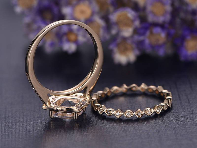 2 Carat Cushion Cut Morganite and Diamond Wedding Ring Set in Yellow Gold
