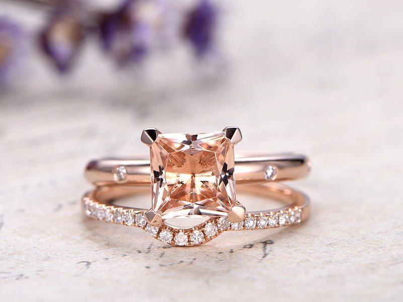 1.25 Carat Princess Cut Morganite and Diamond Bridal Ring Set in Rose Gold