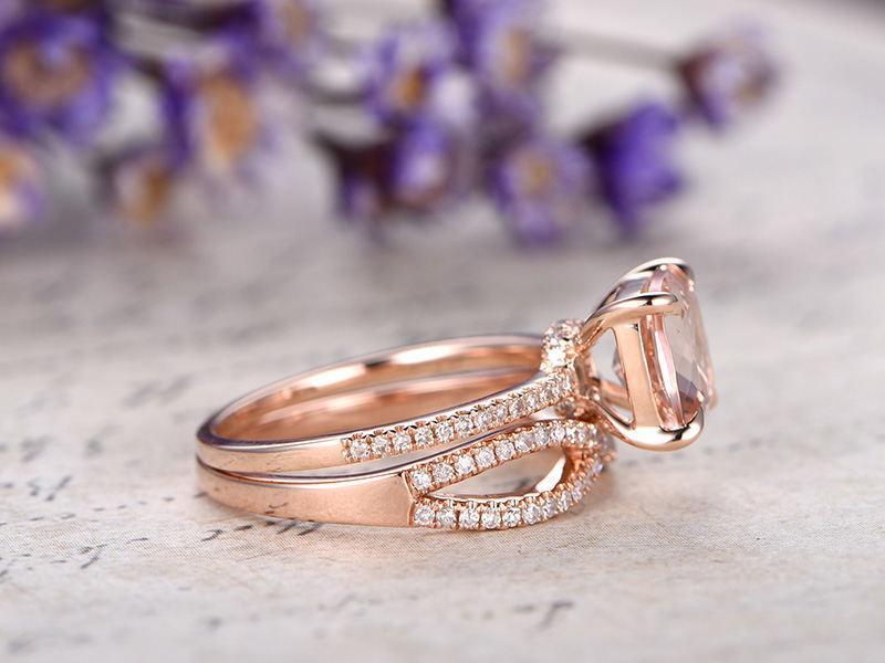 2 Carat Cushion Cut Morganite and Diamond Infinity Bridal Set in Rose Gold