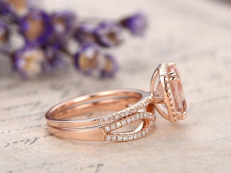 2.25 Carat Cushion Cut Morganite and Diamond Infinity Bridal Ring Set in Rose Gold