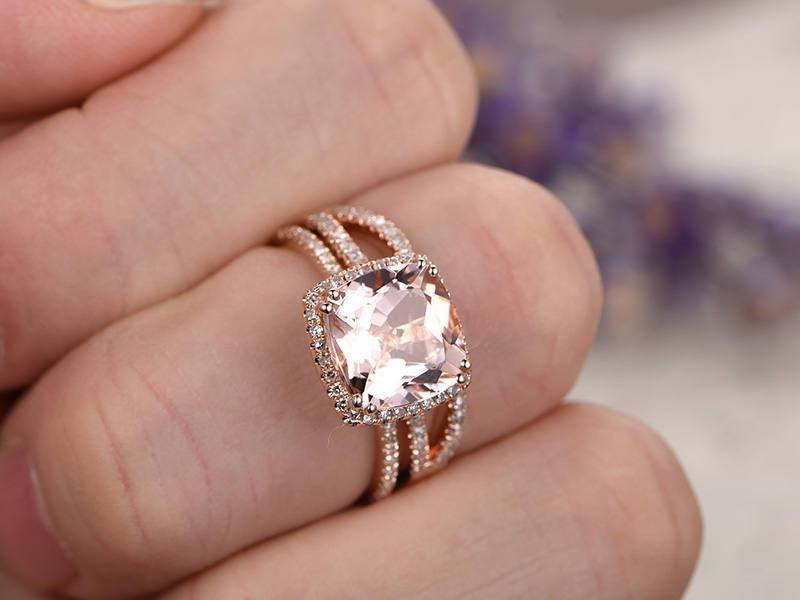 2.25 Carat Cushion Cut Morganite and Diamond Infinity Bridal Ring Set in Rose Gold
