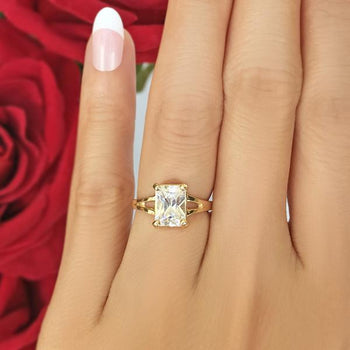 Radiant 3 Carat Emerald Cut Solitaire Engagement Ring in Yellow Gold over Sterling Silver