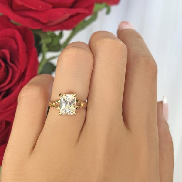 Radiant 3 Carat Emerald Cut Solitaire Engagement Ring in Yellow Gold over Sterling Silver