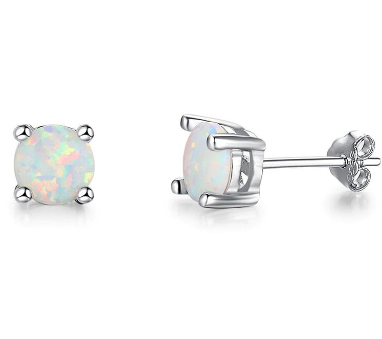 Classic 4 Prong 3 Carat Round Cut Opal Stud Earrings in White Gold
