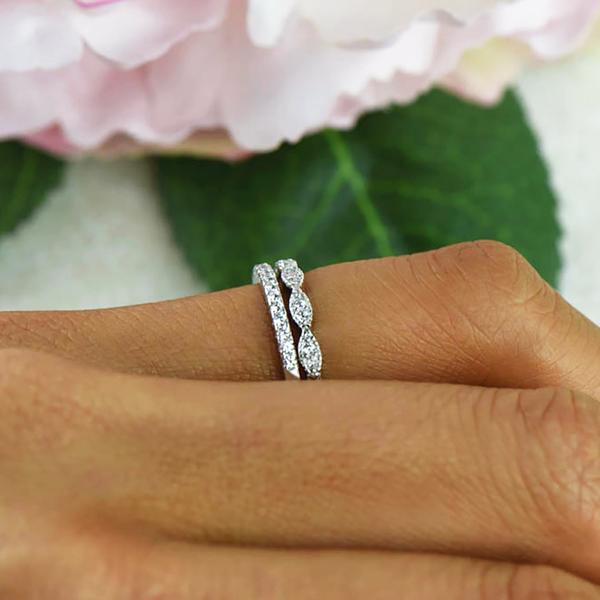 0.5 Carat Art Deco Half Eternity Wedding Band Set in White Gold over Sterling Silver