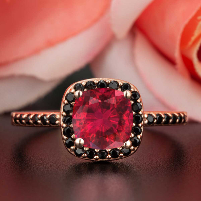 Modern 1.25 Carat Cushion Cut Ruby and Diamond Engagement Ring in 9k Rose Gold