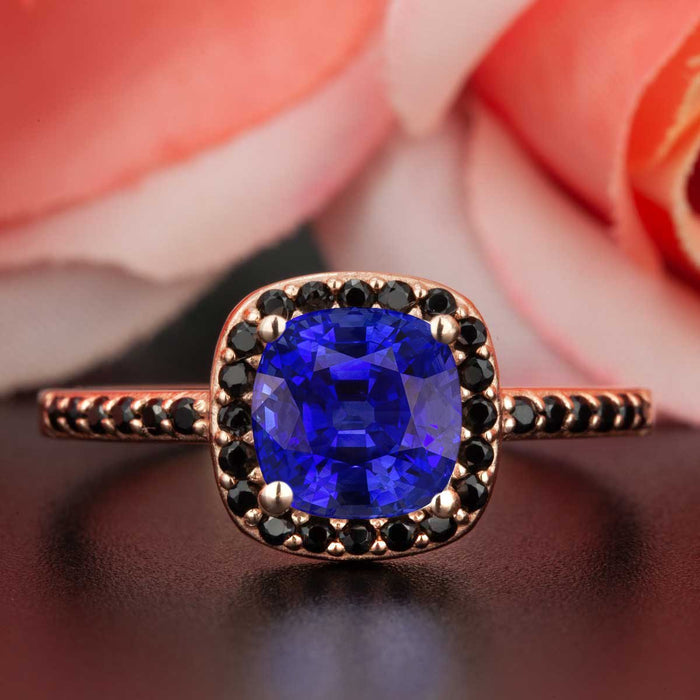 Modern 1.25 Carat Cushion Cut Sapphire and Diamond Engagement Ring in Rose Gold