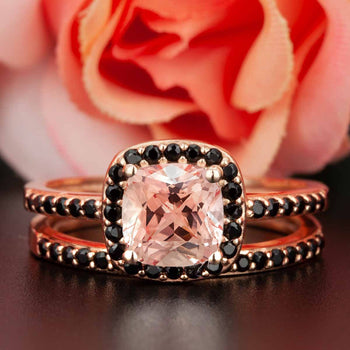 Unique 1.50 Carat Cushion Cut Peach Morganite and Diamond Bridal Ring Set in Rose Gold Flawless Ring