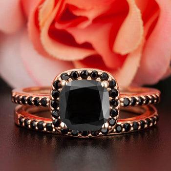 Modern 1.50 Carat Cushion Cut Black Diamond and Diamond Wedding Ring Set in Rose Gold