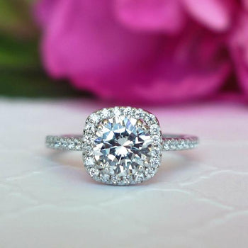 1.5 Carat Round Cut Square Halo Engagement Ring in White Gold over Sterling Silver