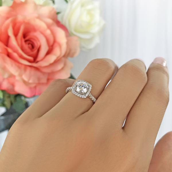 1.5 Carat Round Cut Square Halo Engagement Ring in White Gold over Sterling Silver