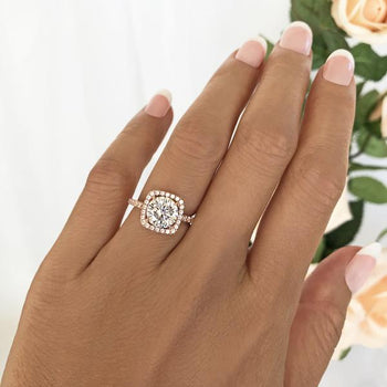 2.5 Carat Round Cut Square Halo Engagement Ring in Rose Gold over Sterling Silver