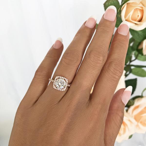 2.5 Carat Round Cut Square Halo Engagement Ring in Rose Gold over Sterling Silver