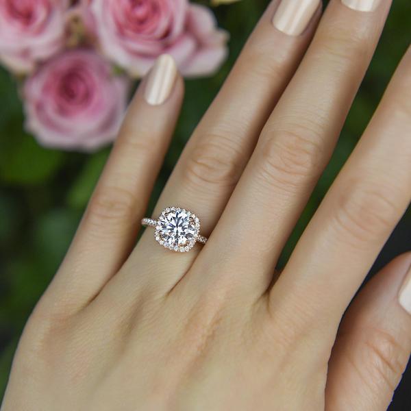 2.5 Carat Round Cut Square Halo Engagement Ring in Rose Gold over Sterling Silver