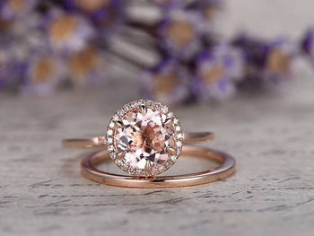 Delicate 1.25 Carat Round Cut Morganite and Diamond Bridal Set with Plain Wedding Band in Rose Gold