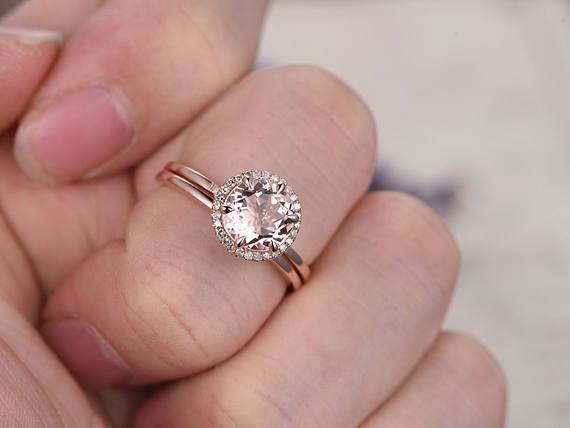 Delicate 1.25 Carat Round Cut Morganite and Diamond Bridal Set with Plain Wedding Band in Rose Gold