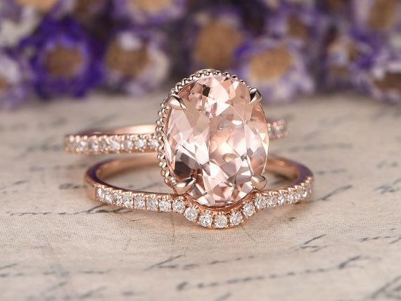 Antique 2 Carat Oval Cut Morganite and Diamond Bridal Ring Set in Rose Gold