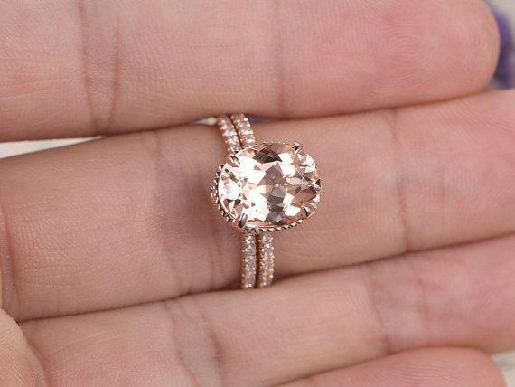 Antique 2 Carat Oval Cut Morganite and Diamond Bridal Ring Set in Rose Gold