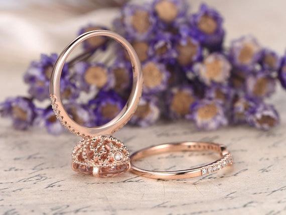 Antique 2 Carat Oval Cut Morganite and Diamond Bridal Ring Set in Rose Gold