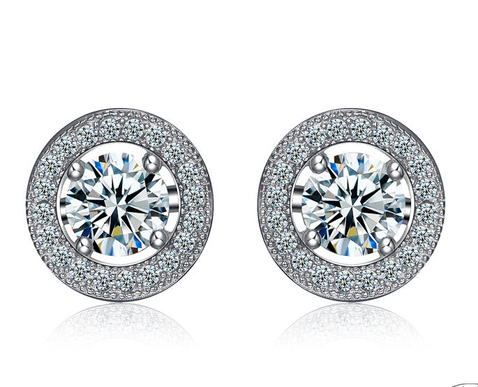 2.25 Carat Round Cut Moissanite and Diamond Halo Stud Earrings in White Gold