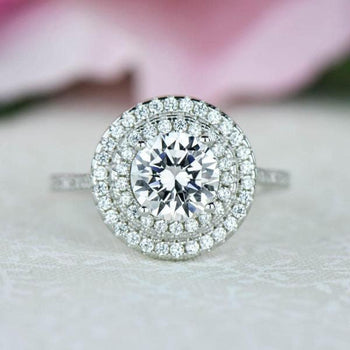 1.5 Carat Round Cut Double Halo Engagement Ring in White Gold over Sterling Silver