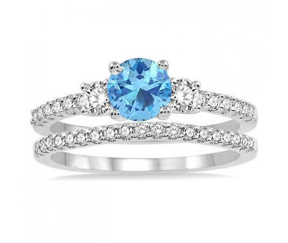Three Stone Trilogy 2 Carat Aquamarine and Diamond Wedding Ring Set for Her in White Gold