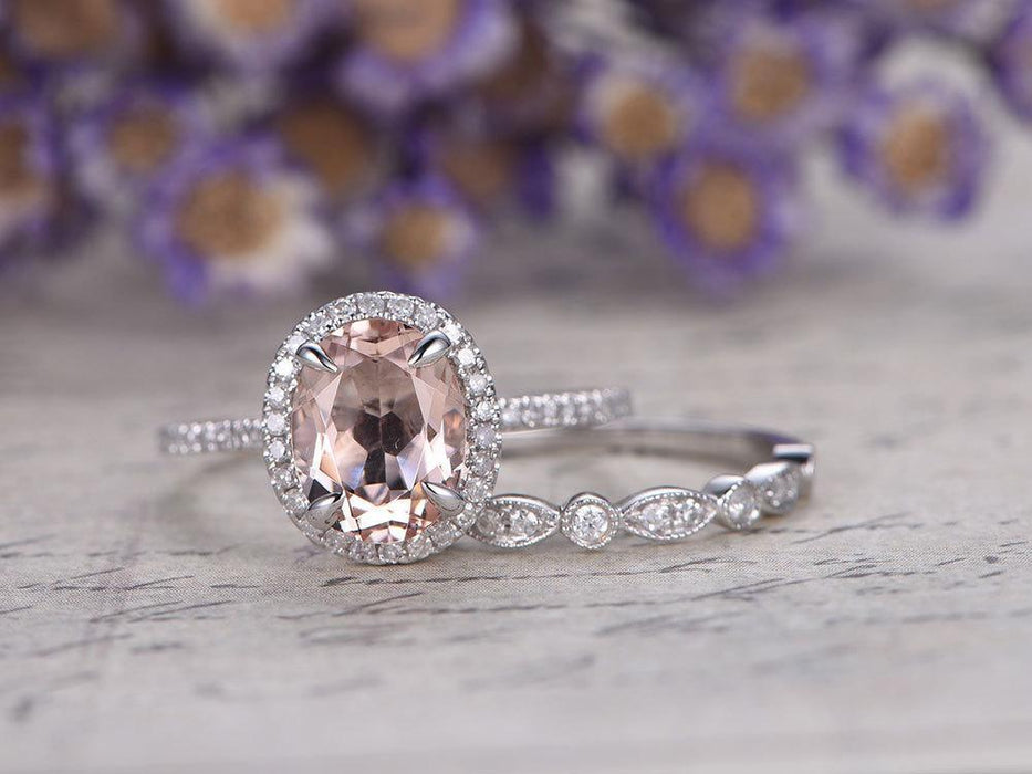 Antique 1.50 Carat Oval Cut Morganite and Diamond Bridal Wedding Ring Set in White Gold