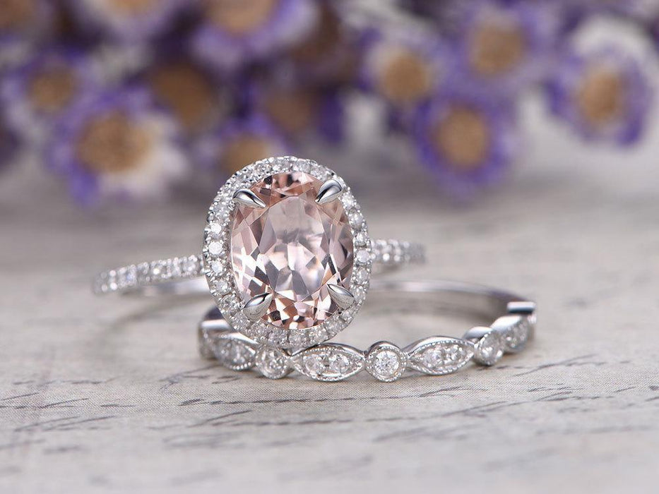 Antique 1.50 Carat Oval Cut Morganite and Diamond Bridal Wedding Ring Set in White Gold