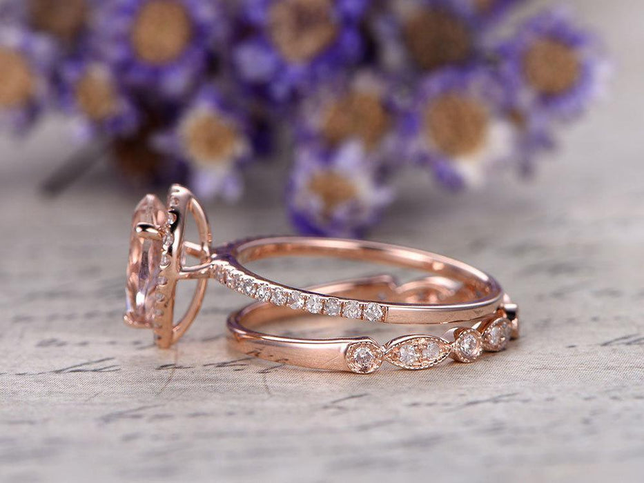 Pear Cut 1.50 Carat Morganite and Diamond Wedding Set with Art Deco Band in Rose Gold