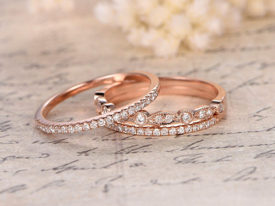 0.75 Carat Round cut Diamond Trio Wedding Ring Band set for Her in Rose Gold