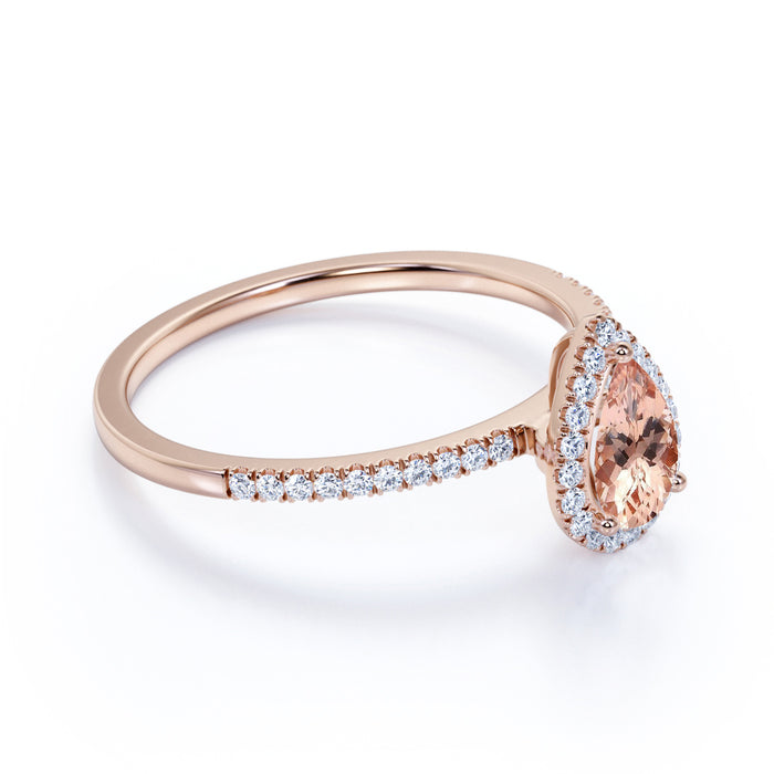 1.50 Carat Pear Shaped Morganite with Diamond Pave Accent Halo Engagement Ring in Rose Gold