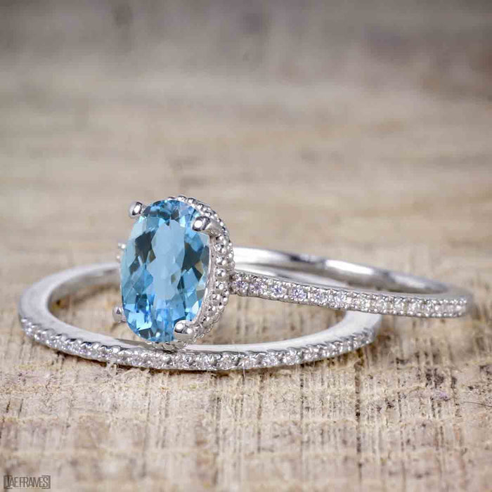 Perfect 1.50 Carat Oval Cut Aquamarine and Diamond Bridal Ring Set in White Gold